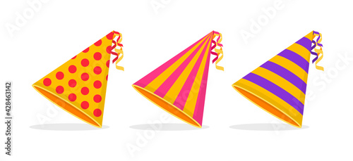 Party hats in flat design. Colorful cone hats for birthday, celebration, party and holiday. Vector illustration.