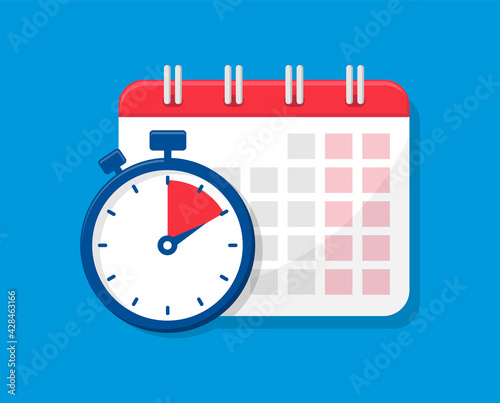 Calendar and stopwatch flat icon. Calendar schedule, time appointment and planning. Organizer icon. Vector illustration.