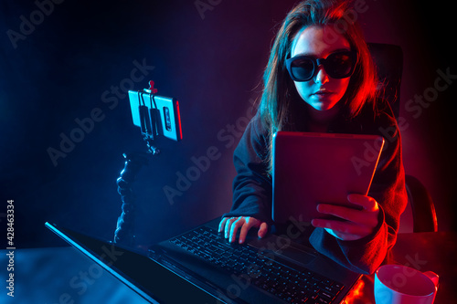 Woman video blogger. She ne...