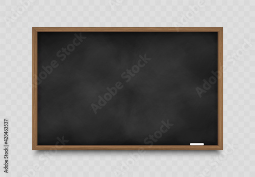 Realistic black chalkboard in wooden frame. Wiped dirty blackboard. Blank clasroom board with chalk piece. Space for advertising text and restaurant menu. Vector illustration.
