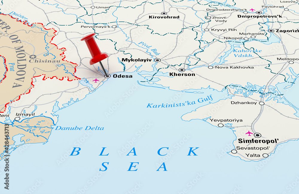 Map showing Odessa, Ukraine with a Red Pin. 3D Rendering