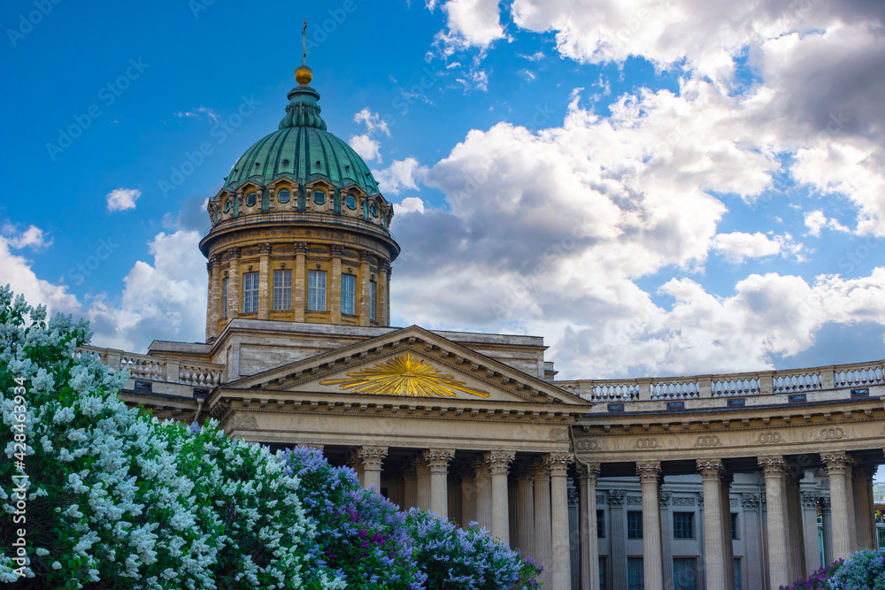 Cathedrals of Saint Petersburg. Museums of Russia. Kazan Cathedral in Saint Petersburg. Architecture of Russian cities. Architectural landmarks of Saint Petersburg. Kazan Cathedral on a sunny day