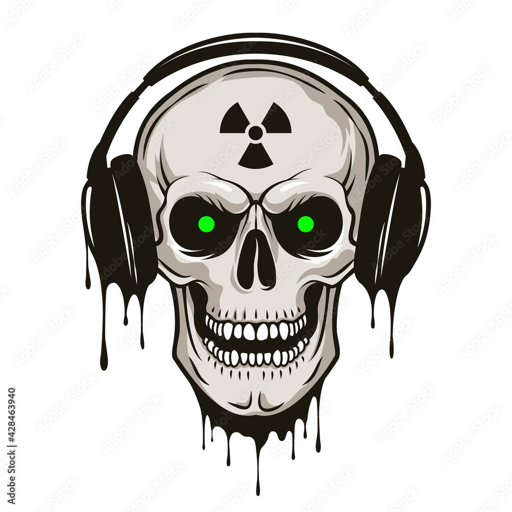 Fototapeta premium Vector grunge human skull with headphones and radiation sign