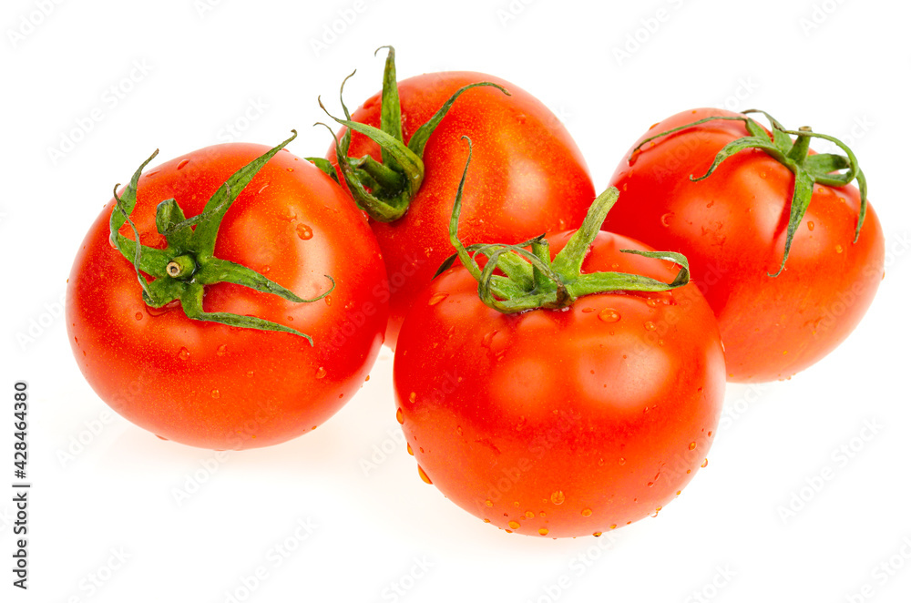 Four red wet tomatoes isolated on white background. Four red wet tomatoes isolated on white background.