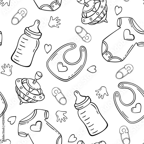 Hand drawn seamless pattern with baby bodysuit, milk bottle, peg-top, safety pin, baby bib in doodle sketch style. Baby element pattern. Vector illustration for wallpaper, background, textile design.