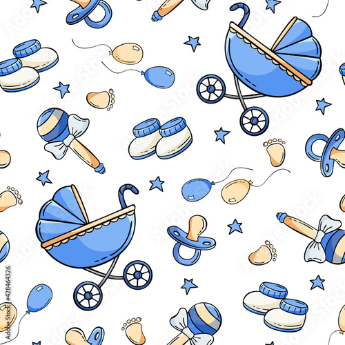 Hand drawn seamless pattern with  baby carriage, rattle, baby bootie, baby pacifier in doodle sketch style. Baby element pattern. Vector illustration for wallpaper, background, textile design.