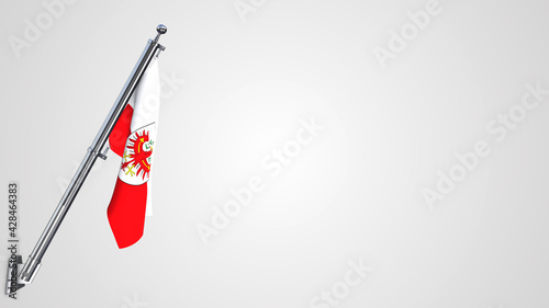 Tirol 3D rendered waving flag illustration on a realistic metal flagpole. Isolated on white background with space on the right side.