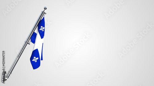 Quebec 3D rendered waving flag illustration on a realistic metal flagpole. Isolated on white background with space on the right side.