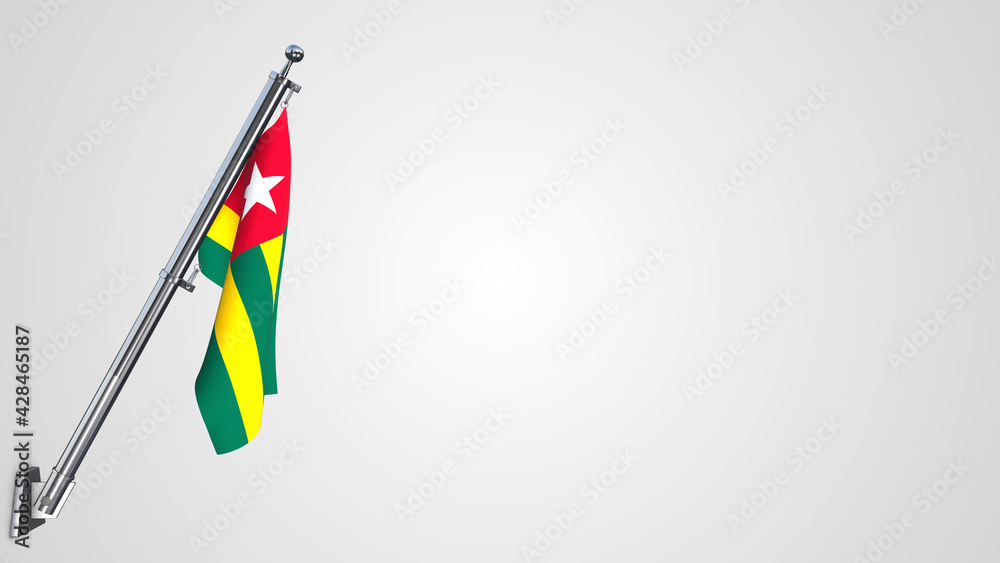 Togo 3D rendered waving flag illustration on a realistic metal flagpole. Isolated on white background with space on the right side.