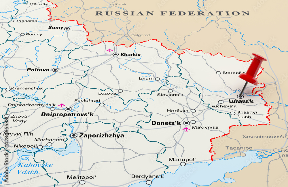 Map showing Luhansk, Ukraine with a Red Pin. 3D Rendering Map showing Luhansk, Ukraine with a Red Pin. 3D Rendering