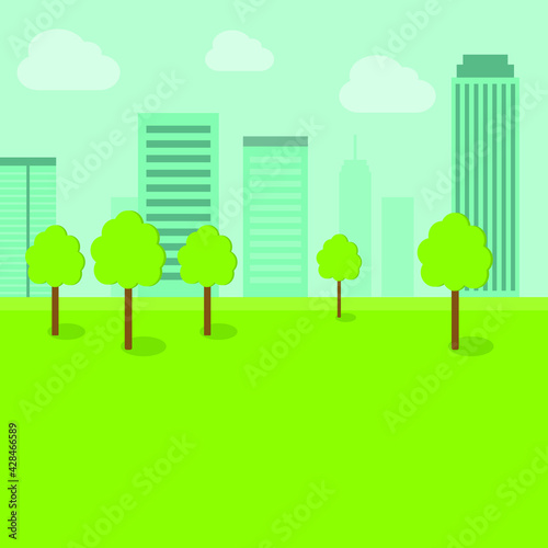 Summer park with trees in a big city. Nature in the city. Vector illustration in flat style