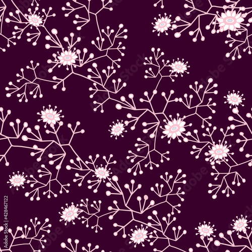 Floral blossom seamless pattern. Trendy colorful vector texture. Blooming botanical elements. Hand drawn small flowers on butgundy background.