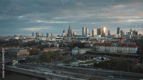 Aerial view of Warsaw current urban landscape on bank of Vistula during sunset. High quality photo