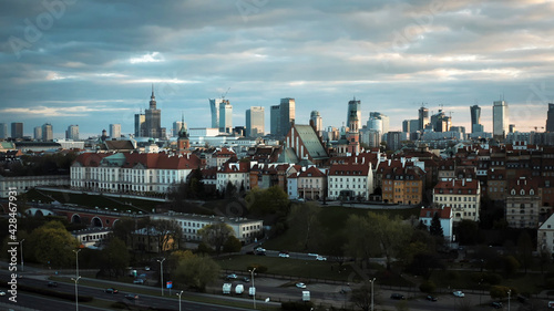 Aerial view of Warsaw current urban landscape on bank of Vistula during sunset. High quality photo