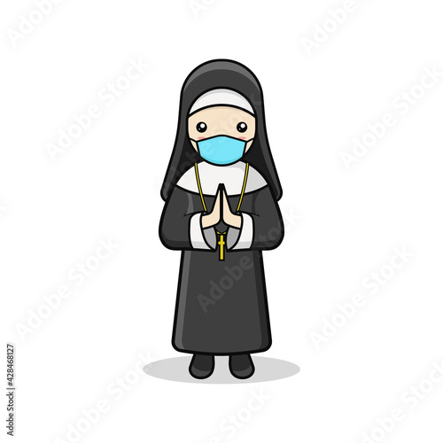Kawaii  illustration nun wearing medical face mask vector graphics