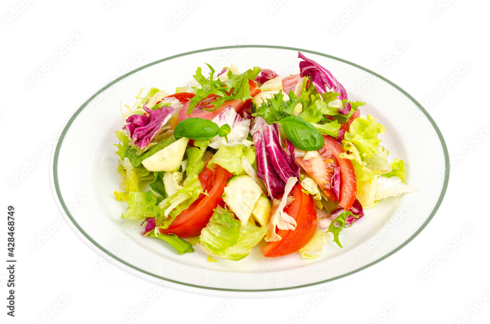 Plate with lettuce, tomatoes, olive oil. Vegetarian menu. Plate with lettuce, tomatoes, olive oil. Vegetarian menu.