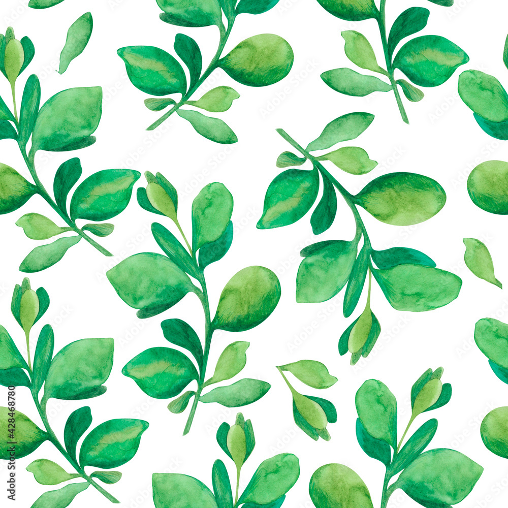 Fototapeta premium Seamless watercolor floral pattern - green leaves and branches composition on white background, perfect for wrappers, wallpapers, postcards, greeting cards, wedding invitations, romantic events