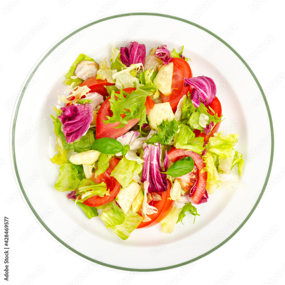 Plate with lettuce, tomatoes, olive oil. Vegetarian menu. Plate with lettuce, tomatoes, olive oil. Vegetarian menu.