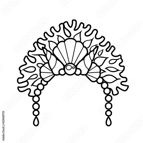 Tiara of the sea princess from coral and pearls linear drawing for coloring on a white background