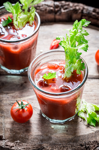 Bloody mary cocktail with tomatoes. Drink for summer party.