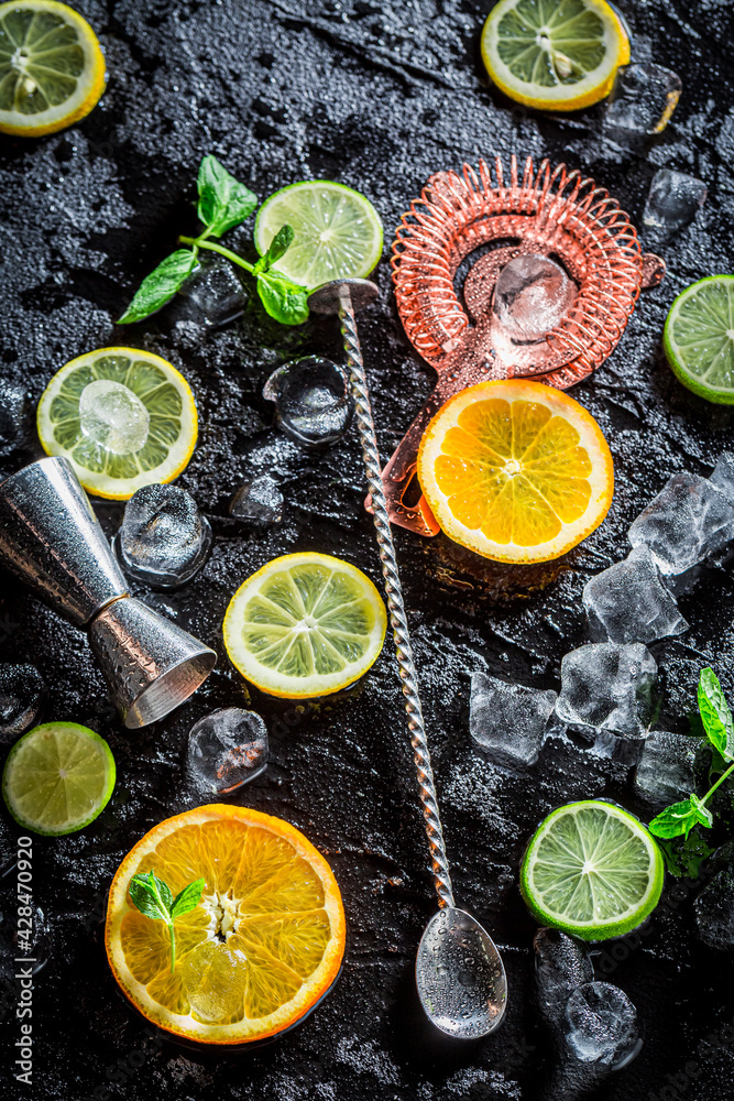 Bartender ingredients to make a drink. Drink for summer heat. Bartender ingredients to make a drink. Drink for summer heat.