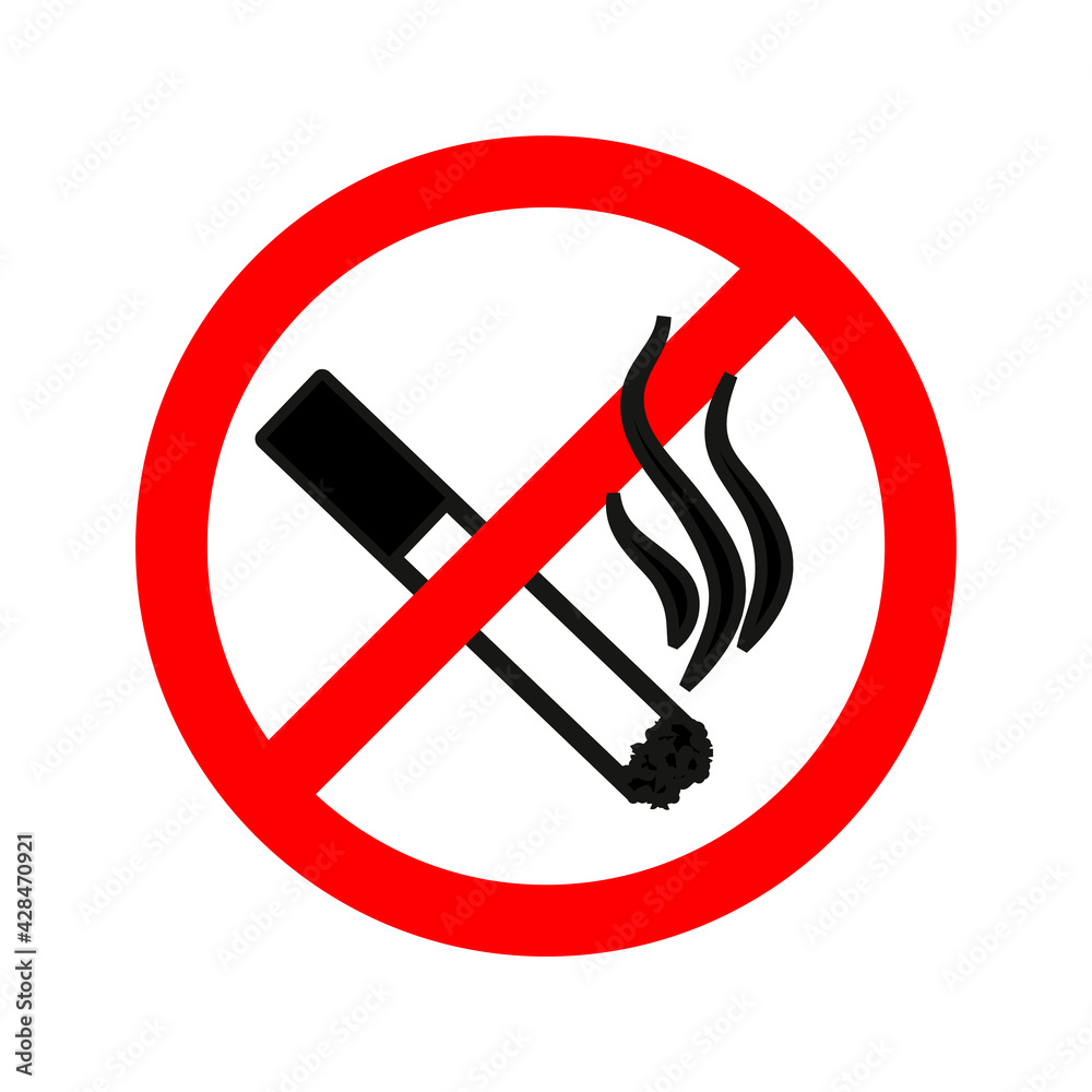 No smoking red forbidden sign, simple black cigarette with smoke on white