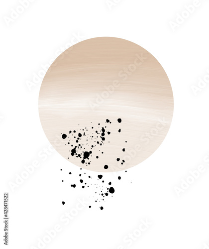 Abstract Minimalist Vector Art. Creative Illustration with Big Beige Oil Painting Style Dot and Black Splatters on a White Background. Modern Artistic Print Ideal for Wall Art  Poster  Card.