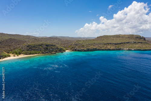 Aerial view above scenery of Curacao  Caribbean with ocean  coast and beach