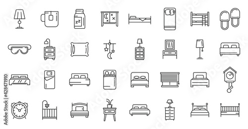 Bedroom icons set, outline style