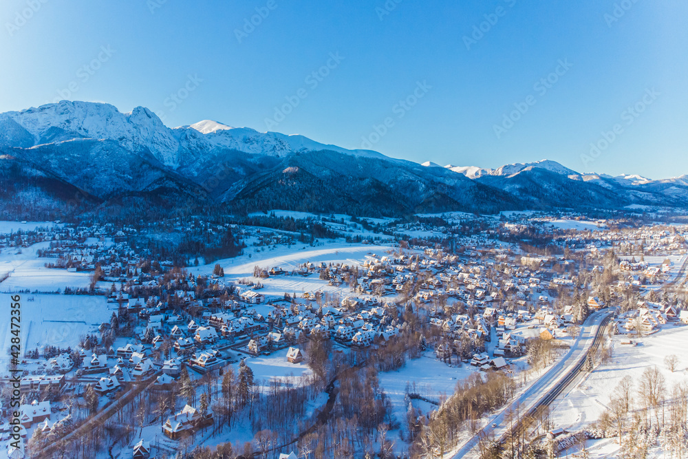 Aerial landscape of Zakopane, Poland during the winter season. Small houses and forest covered in snow with mountains in the background. High quality photo