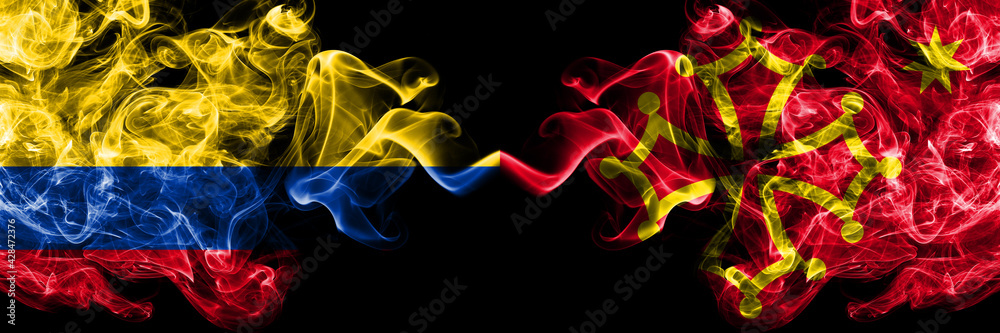 Colombia, Colombian vs Occitania smoky mystic flags placed side by side. Thick colored silky abstract smokes flags.