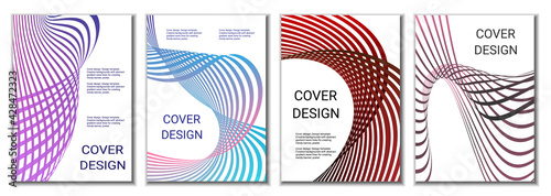 A set of 4 abstract covers. Wavy parallel gradient lines, ribbons evolve. Cover design, background. Trendy banner, poster.