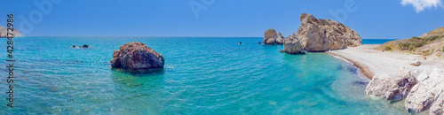 Panoramic view of the Mediterranean coast in the area of Aphrodite's stone. Petra tou Romiou, Cyprus