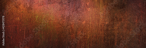 Panoramic grunge rusted metal texture, rust and oxidized metal background, banner. Old metal iron panel