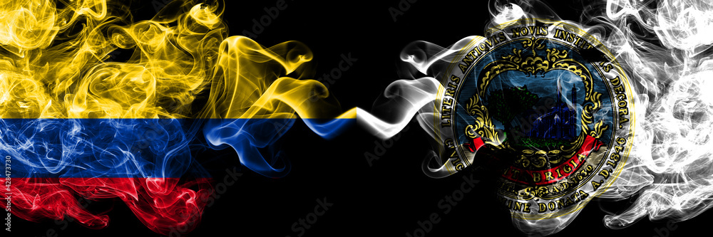 Colombia, Colombian vs United States of America, America, US, USA, American, Cambridge, Massachusetts smoky mystic flags placed side by side. Thick colored silky abstract smokes flags. Colombia, Colombian vs United States of America, America, US, USA, American, Cambridge, Massachusetts smoky mystic flags placed side by side. Thick colored silky abstract smokes flags.