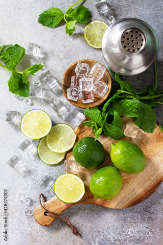Wallpaper Mural Refreshing cold summer Mojito cocktail making. Mint, lime, ice ingredients and bar utensils on a stone or concrete table. Top view flat lay. Torontodigital.ca
