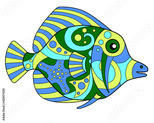 Tropical fish - vector linear color illustration. Fish from a coral reef in the ocean - multicolored stained glass or batik. Mosaic with an inhabitant of the sea.