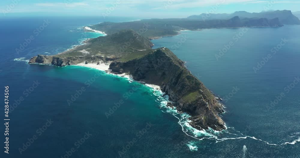 Aerial shot of the Cape Of Good Hope and Cape Point where Indian, South and Atlantic Oceans meet.