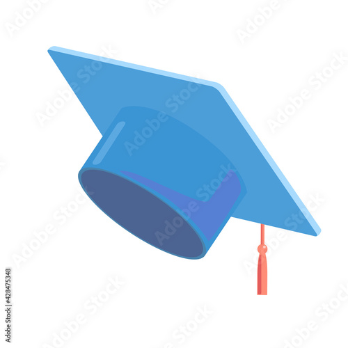 Blue graduate cap Cartoon icon vector object on white background. Student hat element. Learning, education, graduation, success symbol. Master degree sign. Knowledge concept.