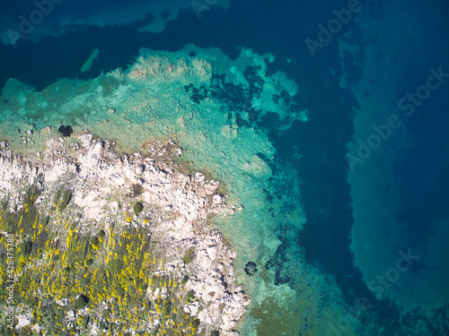 aerial top view of rocky island coastline with yellow flowers and amazing idyllic blue sea