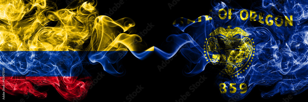 Colombia, Colombian vs United States of America, America, US, USA, American, Oregon smoky mystic flags placed side by side. Thick colored silky abstract smokes flags.