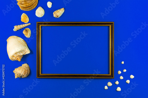 Wooden frame compoisition with summer seashell on a blue background, copy space, top view photo