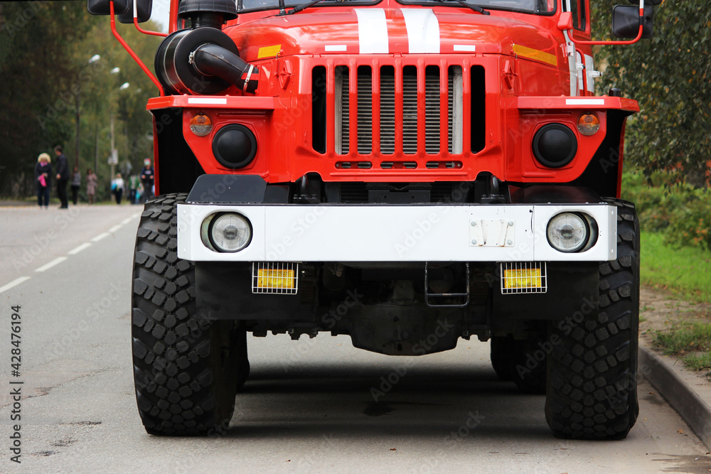 fire truck, front. Transport required to extinguish a fire of particular complexity. fire truck, front. Transport required to extinguish a fire of particular complexity.