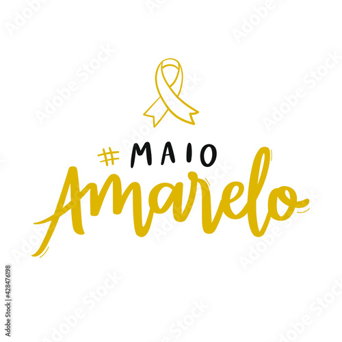 Maio Amarelo. Yellow May. traffic accident prevention month. Brazilian Portuguese Hand Lettering Calligraphy with ribbon draw. Vector.