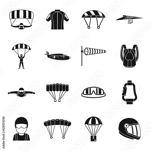 Adventure parachuting icons set, simple style
