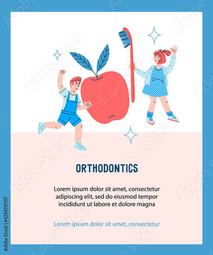 Banner for orthodontic dental services for children, vector cartoon illustration.