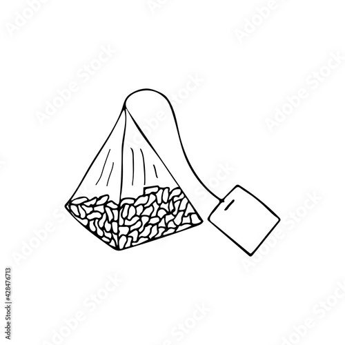 Doodle pyramid tea bag illustration in vector. Hand drawn tea bag illustration in vector. Doodle tea bag icon in vector.