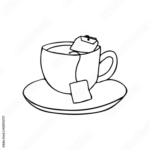 Doodle tea cup with tea bag illustration in vector. Hand drawn tea cup illustration in vector.  
