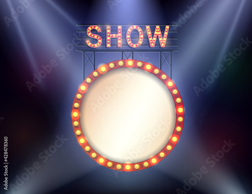Signboard retro style with lamps. Vintage banner with light bulbs