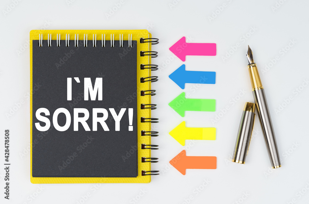 On a white background lies a pen, arrows and a notebook with the inscription - I M SORRY On a white background lies a pen, arrows and a notebook with the inscription - I M SORRY